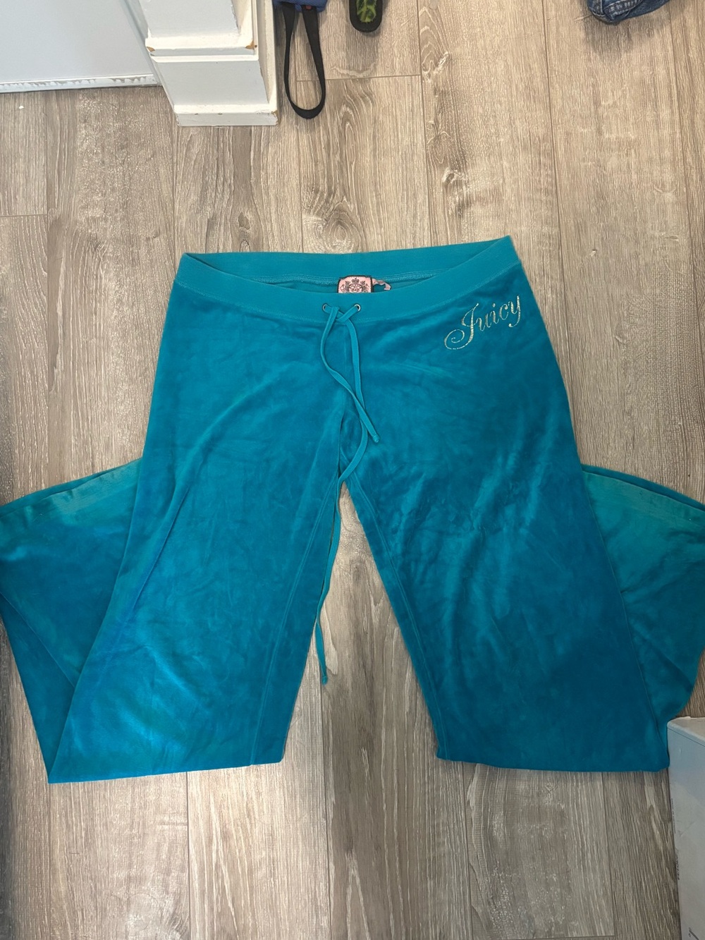 Juicy Couture Teal Velour Wide Leg Pants with Embroidered Logo
